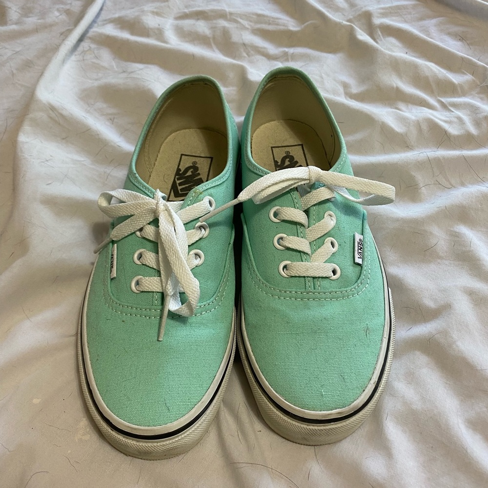 Lightly worn mint green vans! There is a red mark on them.